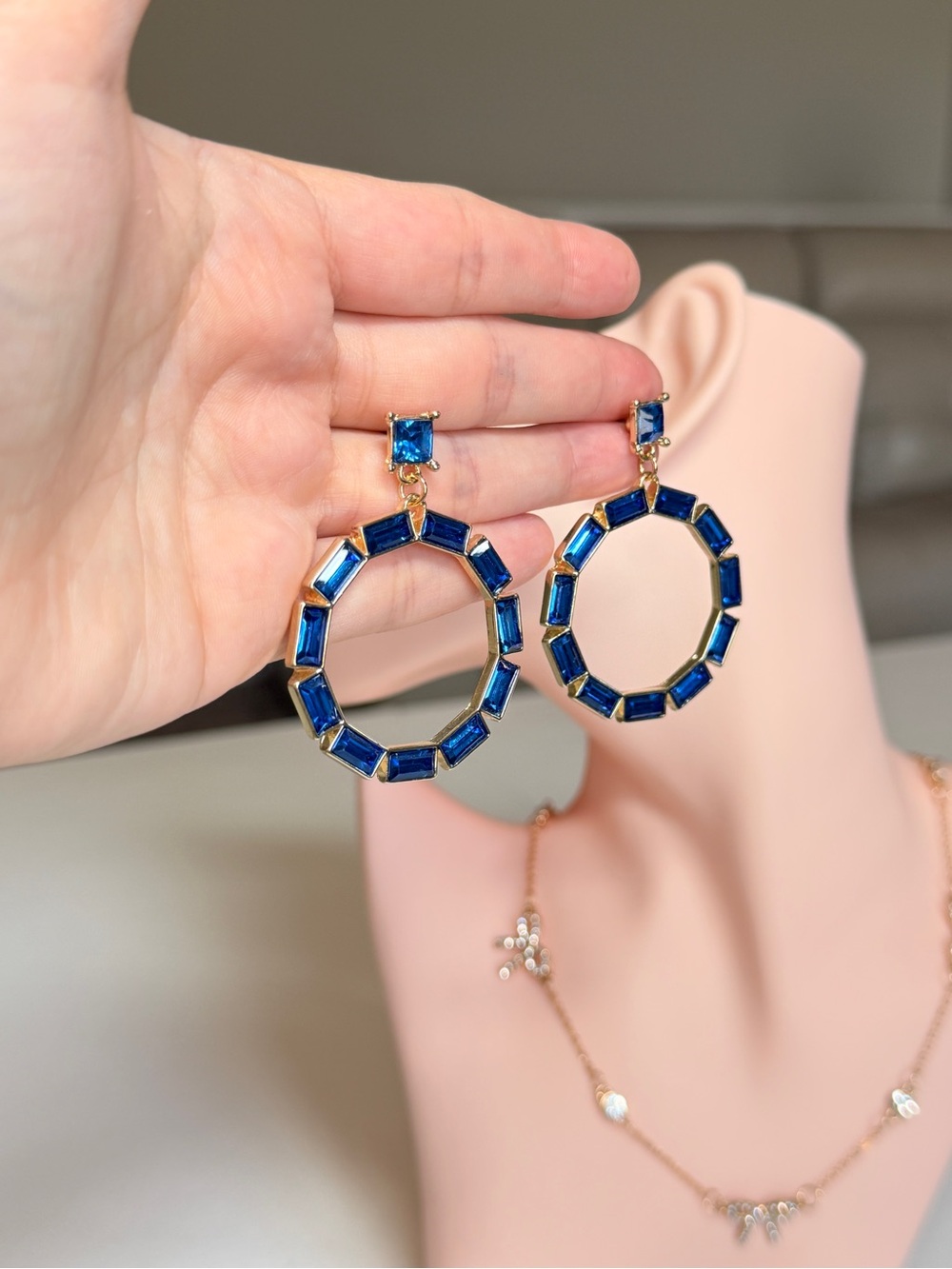Gold-Tone Hoop Earrings with Blue Gemstones - Picture 13 of 13